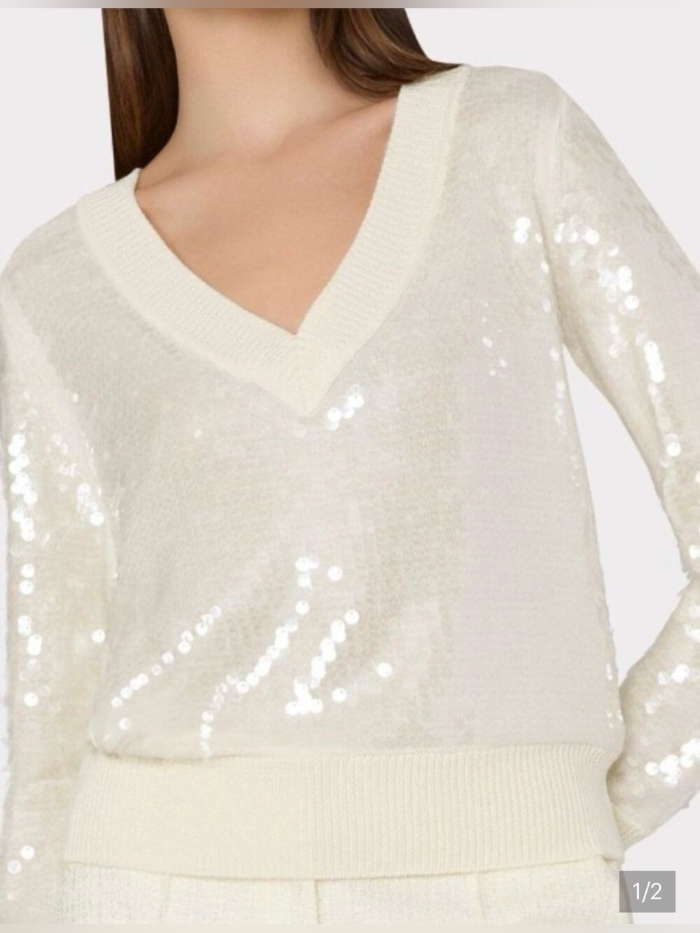 Perfect Milly Ecru Sequin V-Neck Sweater large